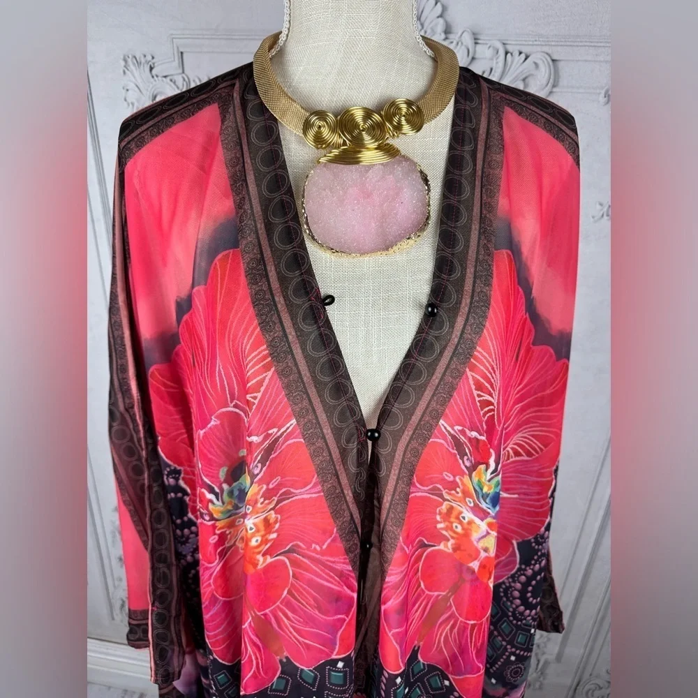 Elegant Floral Print Kaftan Oversized Maxi Kimono Tunic Poncho Coverup - Picture 7 of 14